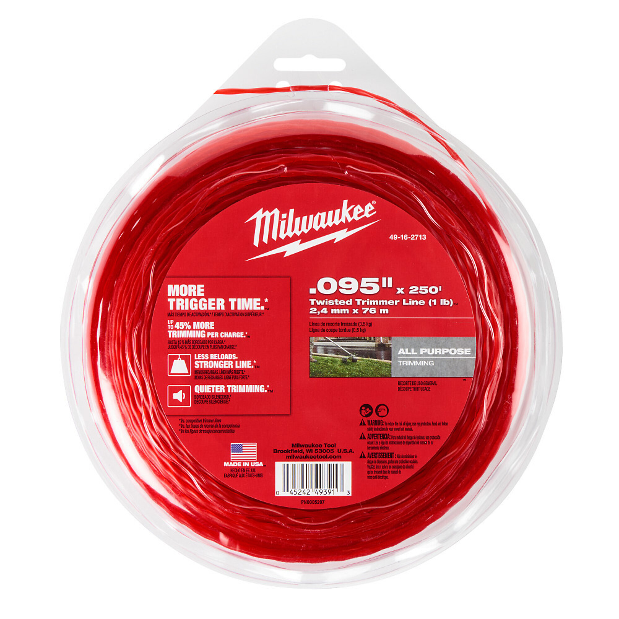 Milwaukee Twisted String Trimmer Line, 0.095in. Dia., 250ft. Spool, Model# 49-16-2713